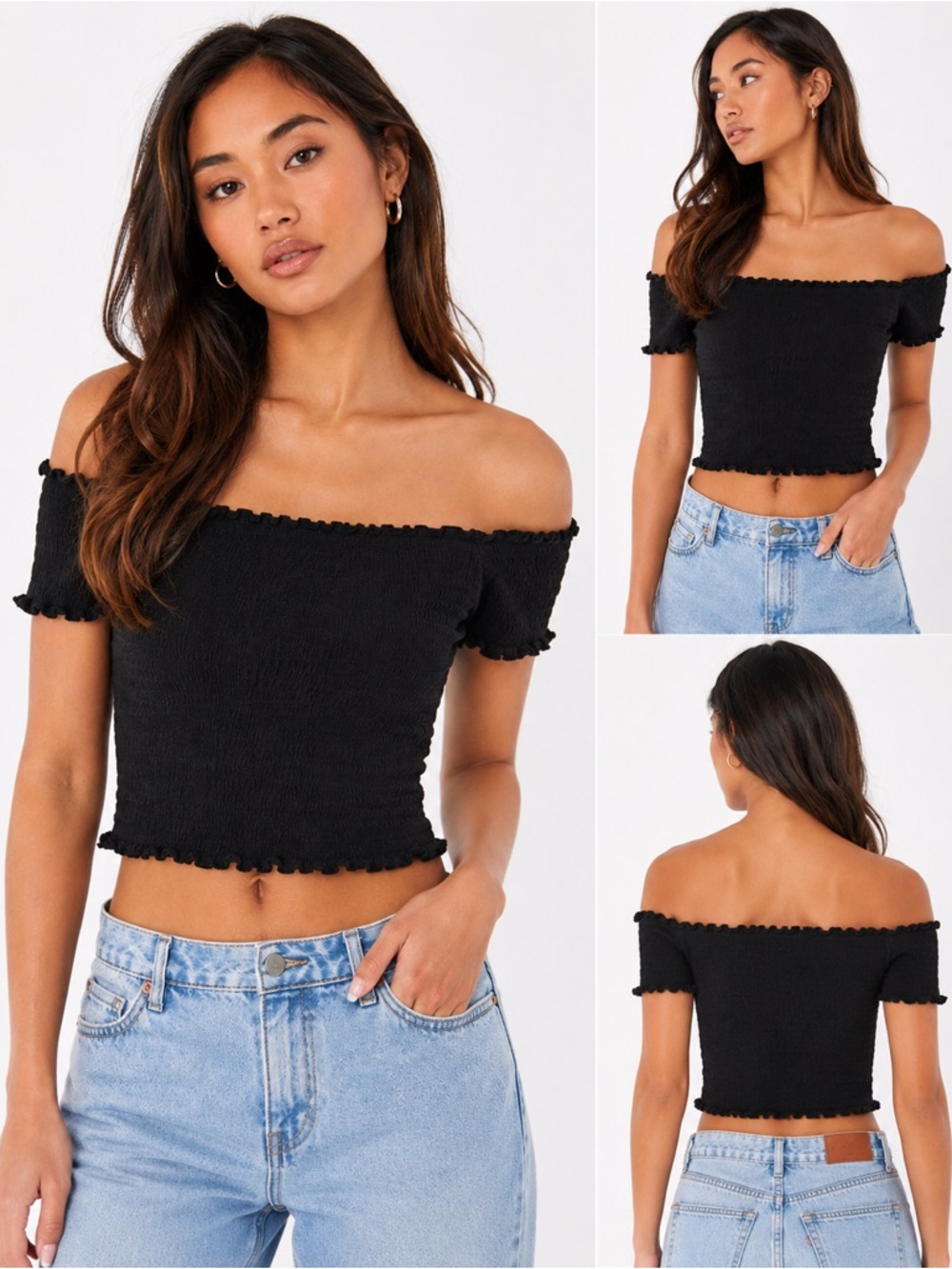 Forever 21 Black Smocked Off Shoulder Crop Top Medium